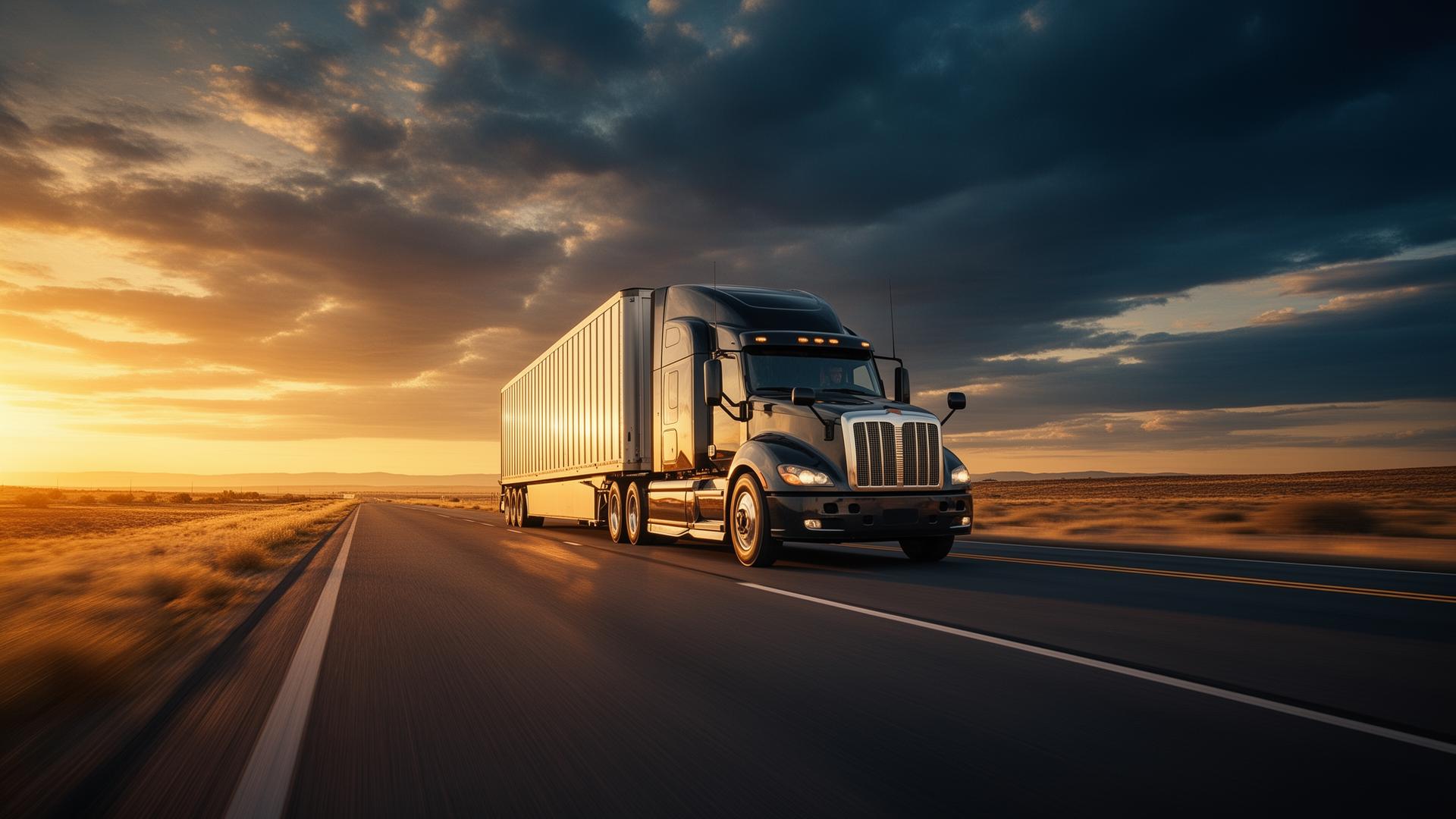 Semi truck driving on an open highway at golden hour